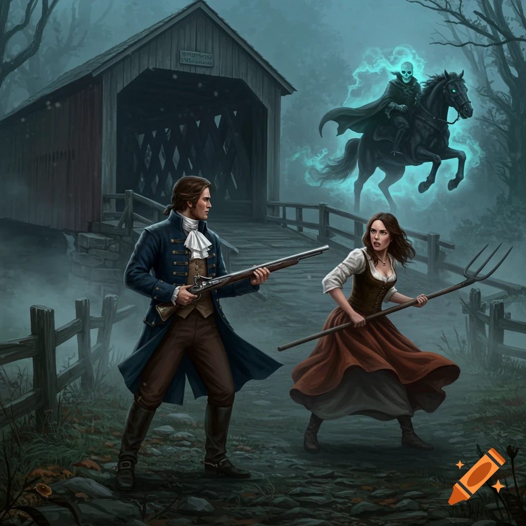 A man with a musket and a woman with a pitchfork confront a glowing headless horseman near a covered bridge in a misty forest illustration.