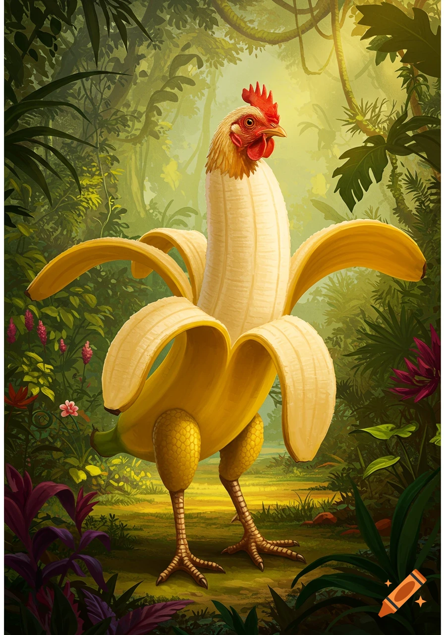 Whimsical illustration of a chicken-banana hybrid creature with a chicken head, banana body, peel wings, and chicken legs in a jungle.
