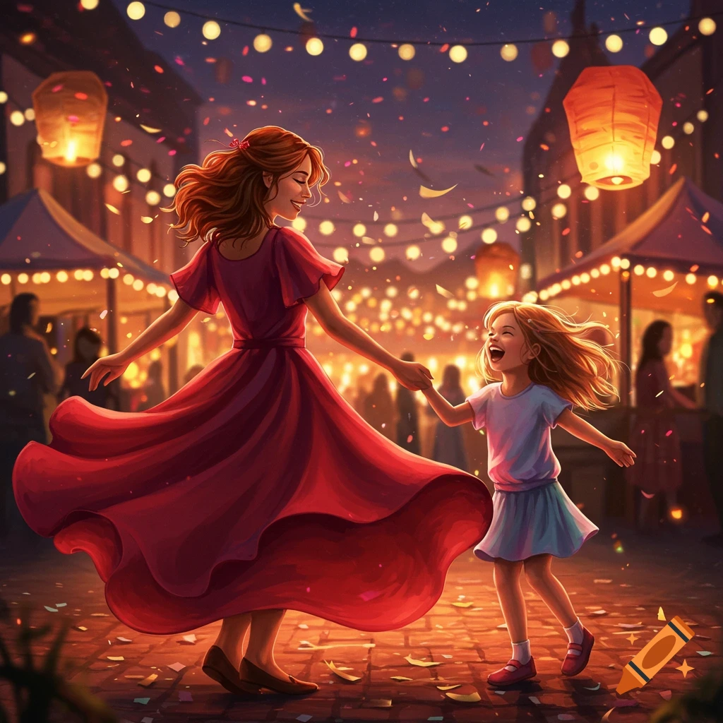 An illustration of a woman and a young girl dancing joyfully on a festive street at night, illuminated by lanterns and confetti.