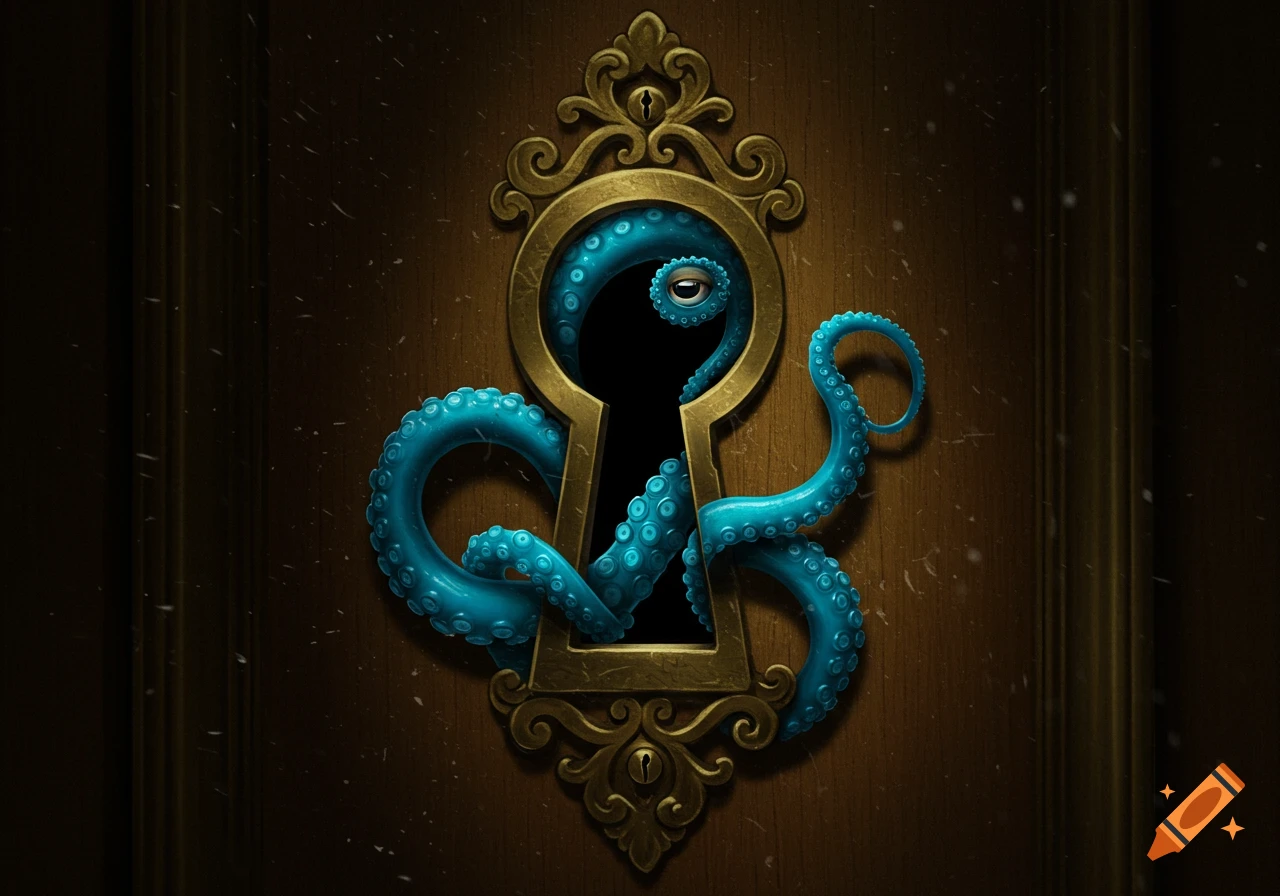 A blue octopus with one eye emerges from an ornate brass keyhole on a dark wooden door, in a detailed illustration.
