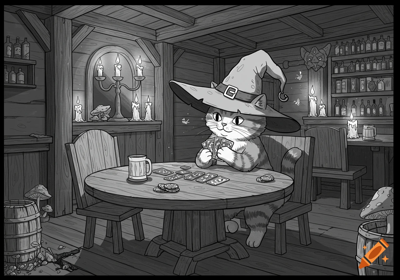 A black and white cartoon of a cat in a witch's hat playing cards at a table in an old pub, with candles, mushrooms, and moths.