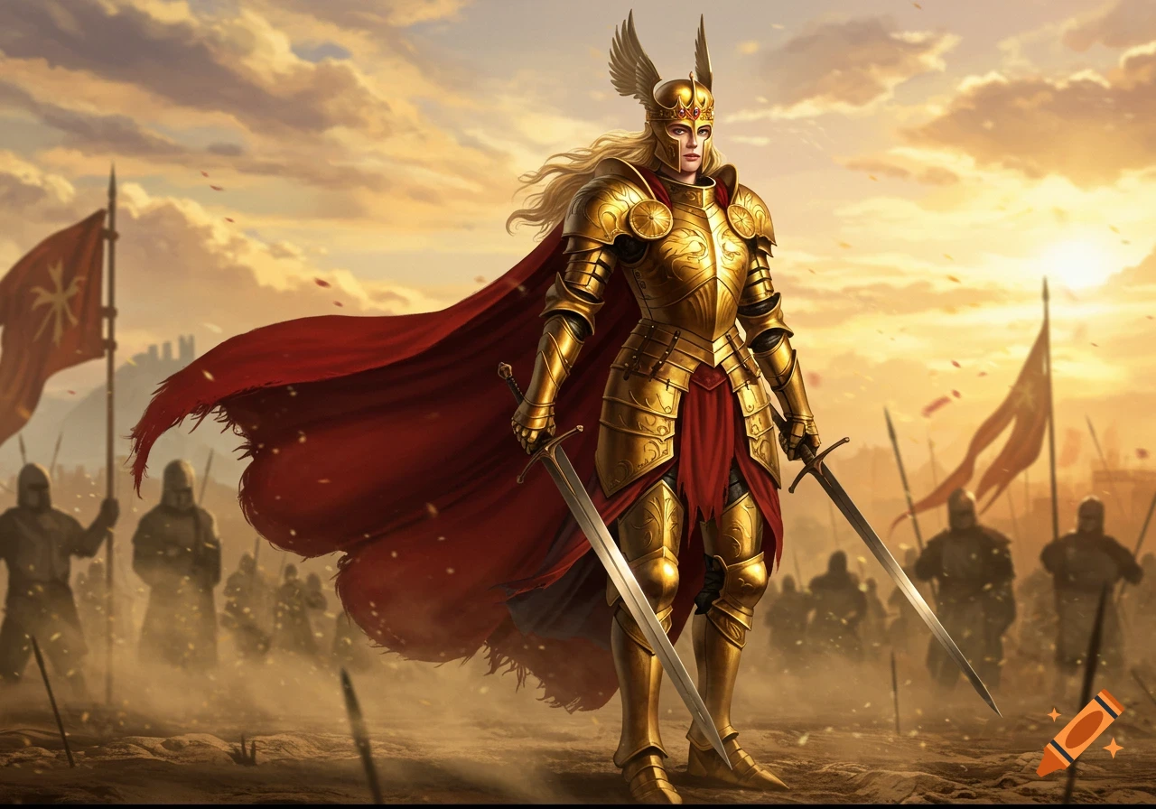 A blonde warrior queen in golden armor and red cape stands on a dusty battlefield, holding two swords, under a dramatic sunset sky.