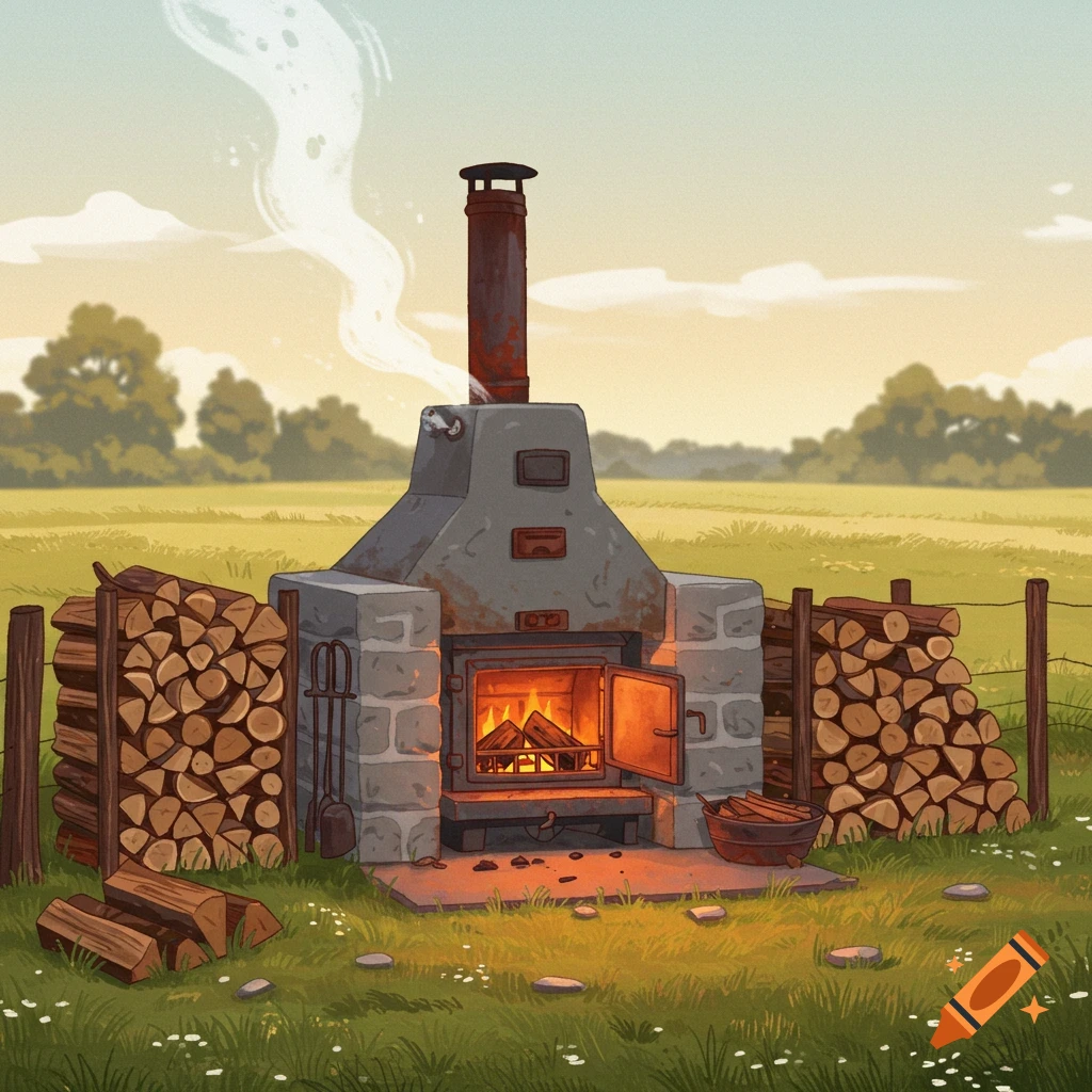 A stylized outdoor brick oven with a fire burning, flanked by stacks of wood in a green field under a clear sky.