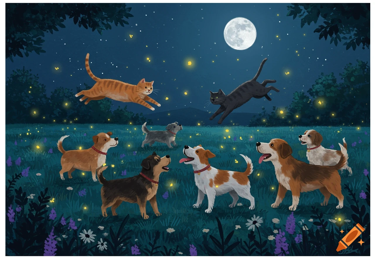 Illustrated scene of cats and dogs playing and jumping in a grassy field at night under a full moon with fireflies.