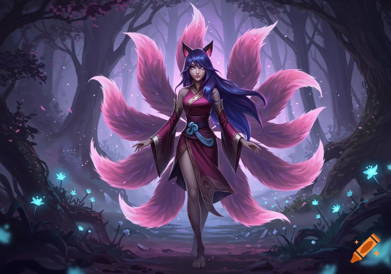 Purple-haired Ahri, a fox-eared woman with nine pink tails in a maroon dress, stands in a magical forest with glowing blue flowers.