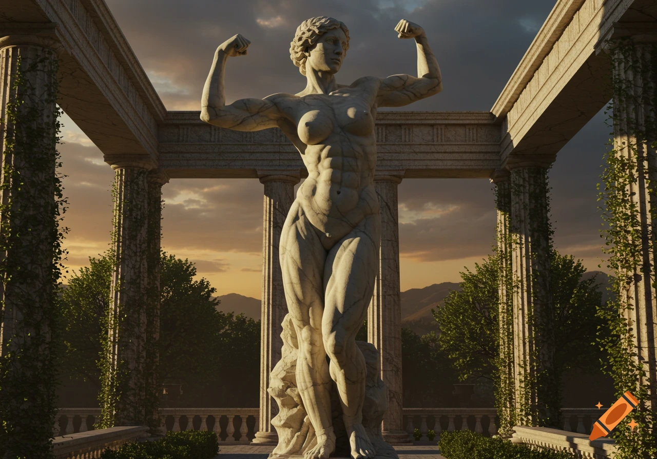 A muscular marble statue of a woman flexing in a classical ruin at sunset, surrounded by columns and lush greenery.