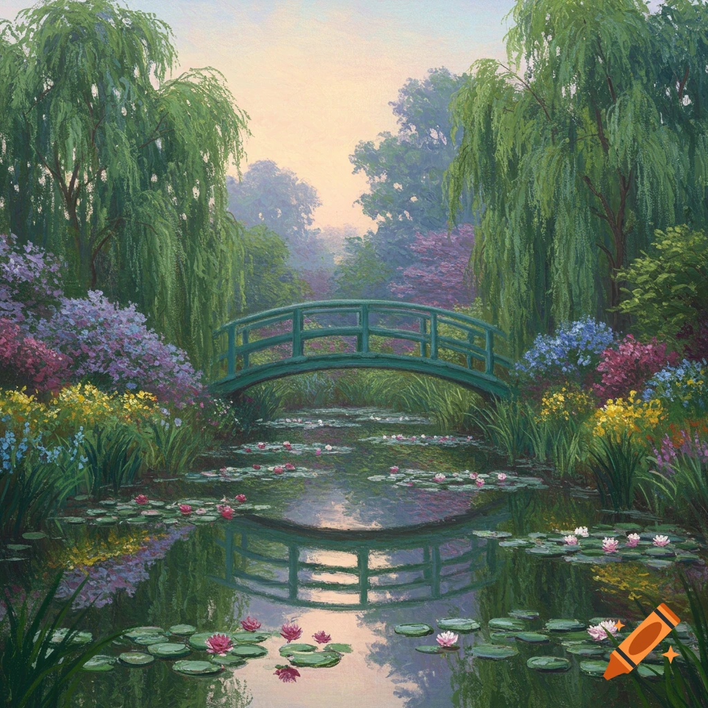 Impressionist painting of a green bridge over a lily pond, surrounded by lush weeping willows and colorful flowers.