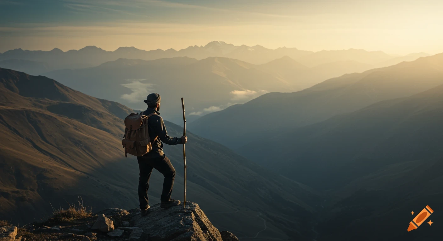 A photorealistic shot of a hiker standing on a cliff edge, looking over a vast, misty mountain valley at sunrise.