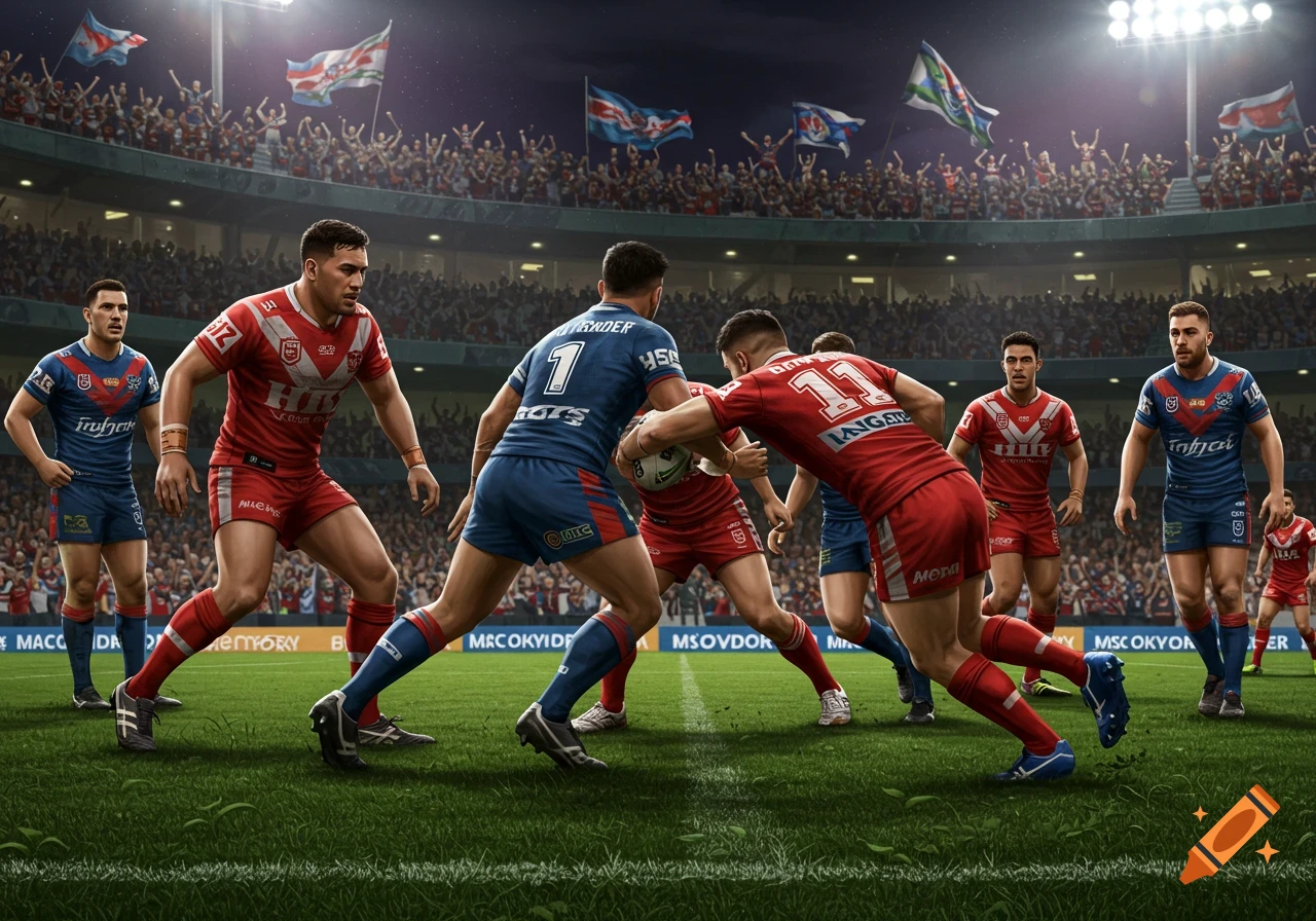 Photorealistic rugby league match in a stadium at night, players in red and blue jerseys tackling on a green field.