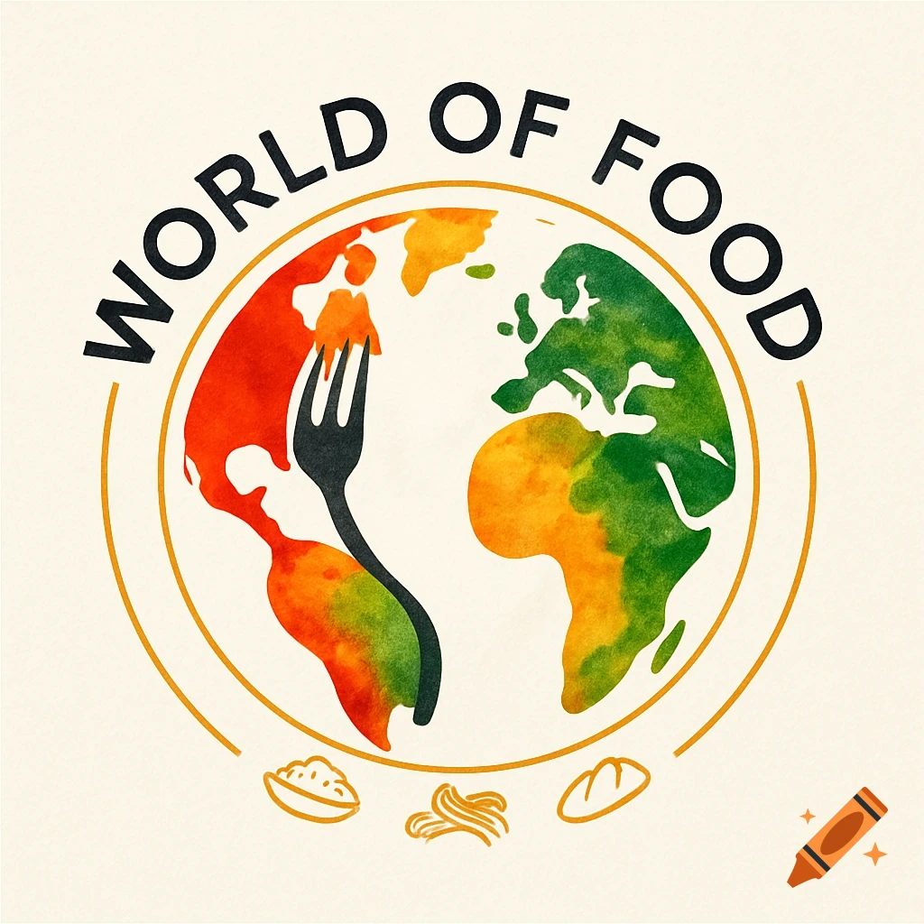 Circular logo featuring a watercolor-style globe in red, orange, and green, a black fork, and the text 'WORLD OF FOOD' with small food icons.