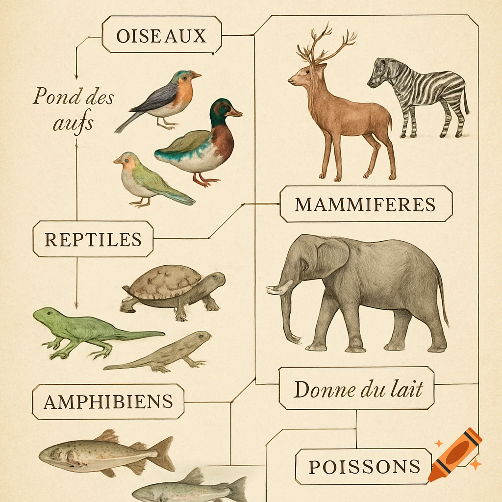 A vintage scientific illustration diagram categorizing animals into birds, mammals, reptiles, amphibians, and fish, showing characteristics like laying eggs and giving milk.