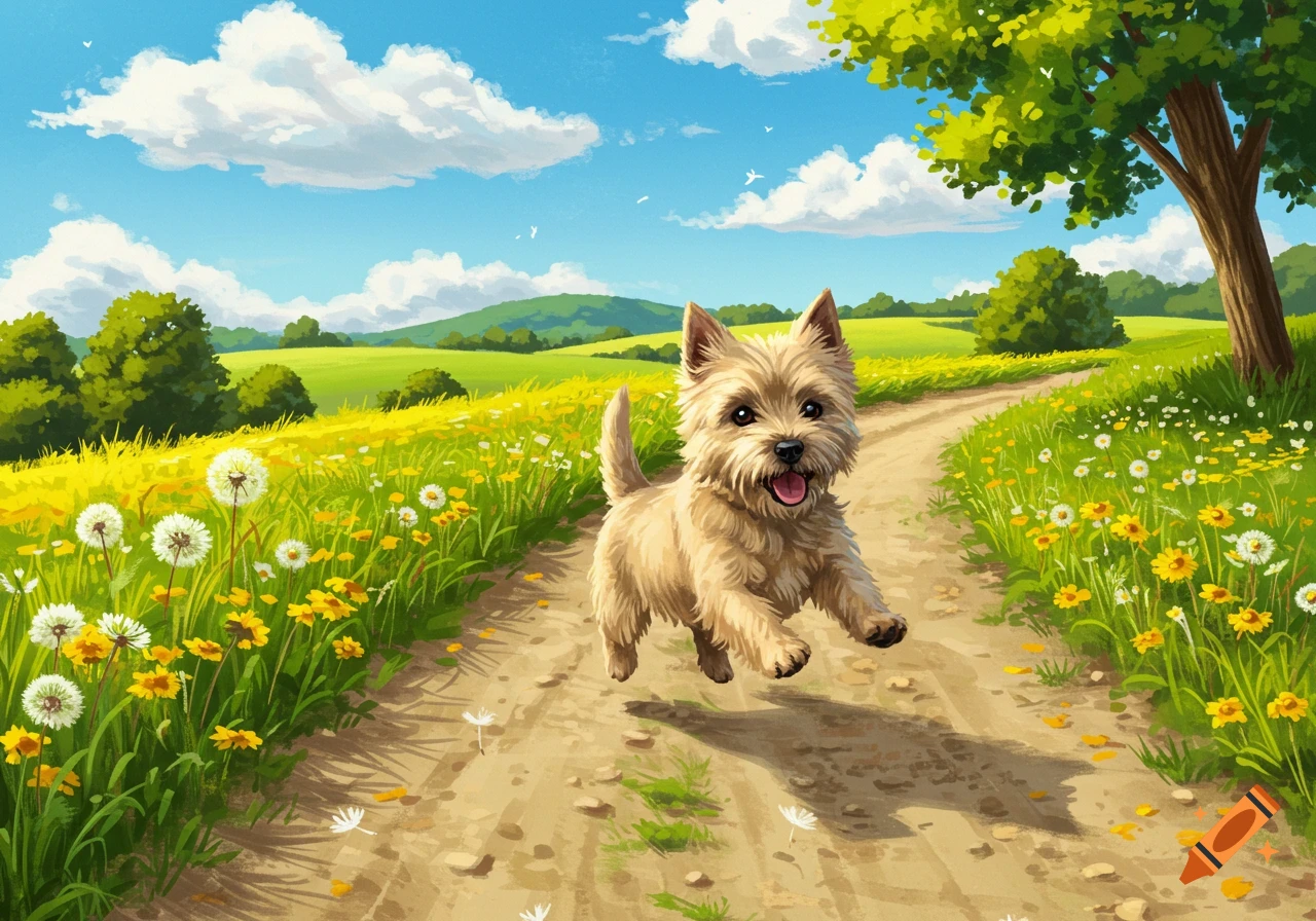 Fluffy light brown Cairn Terrier dog leaping on a dirt path through a vibrant yellow and green flower field under a blue sky, illustration style.