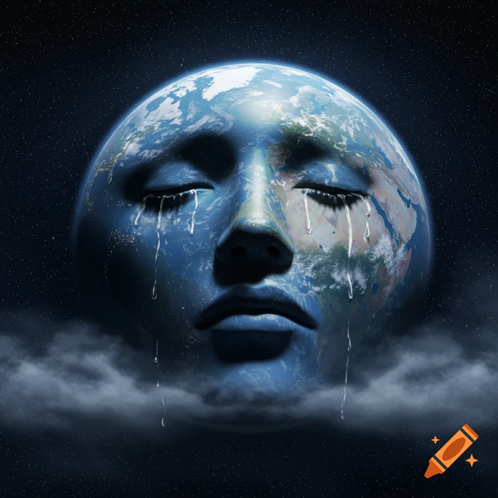 The Earth with a human face crying, depicted as a planet in space surrounded by clouds.