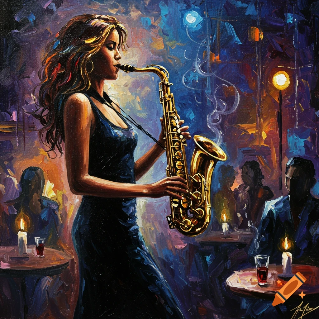 Abstract painting of a woman playing saxophone in a dimly lit jazz cafe.