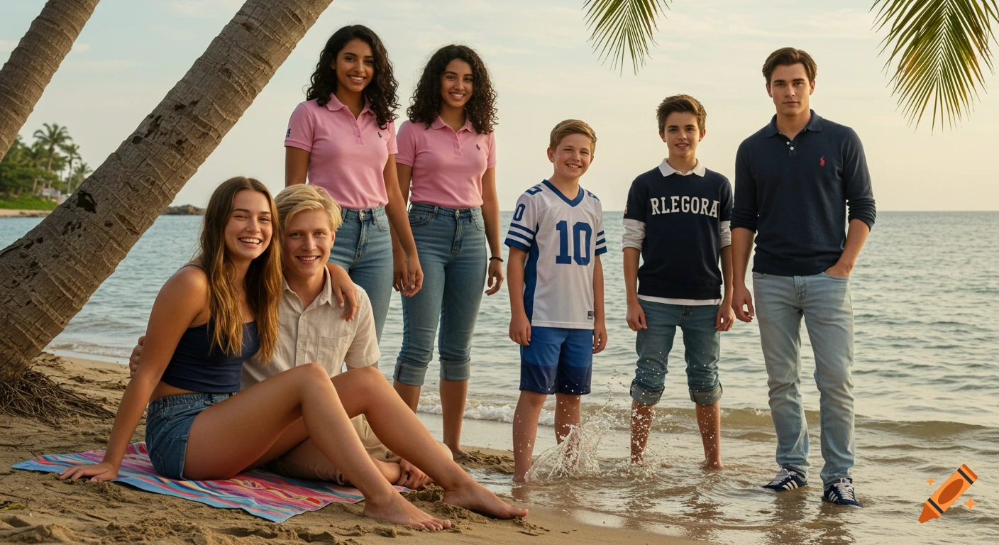 A diverse group of seven teenagers and young adults poses on a sunny beach, some in shallow water, some on sand.