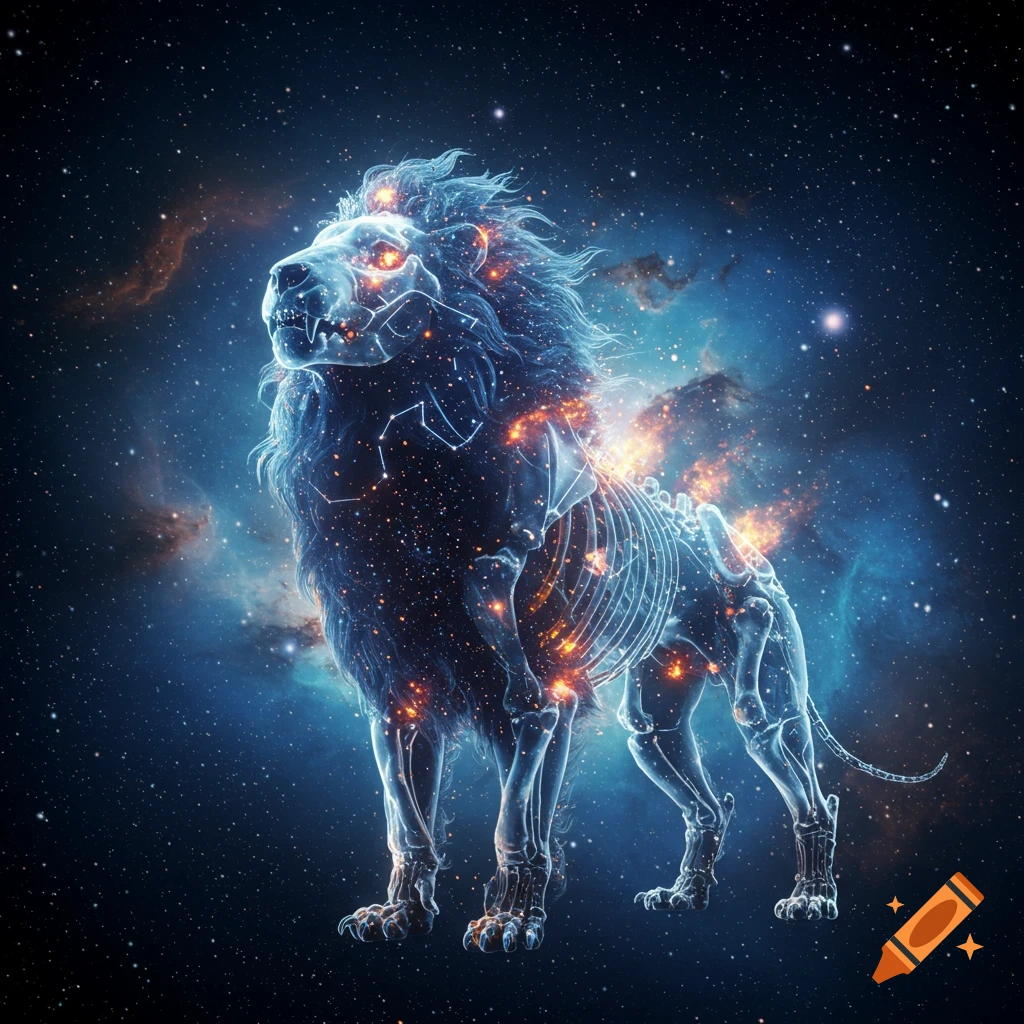 A majestic skeletal lion composed of stars and nebulae, glowing in a dark cosmic sky.