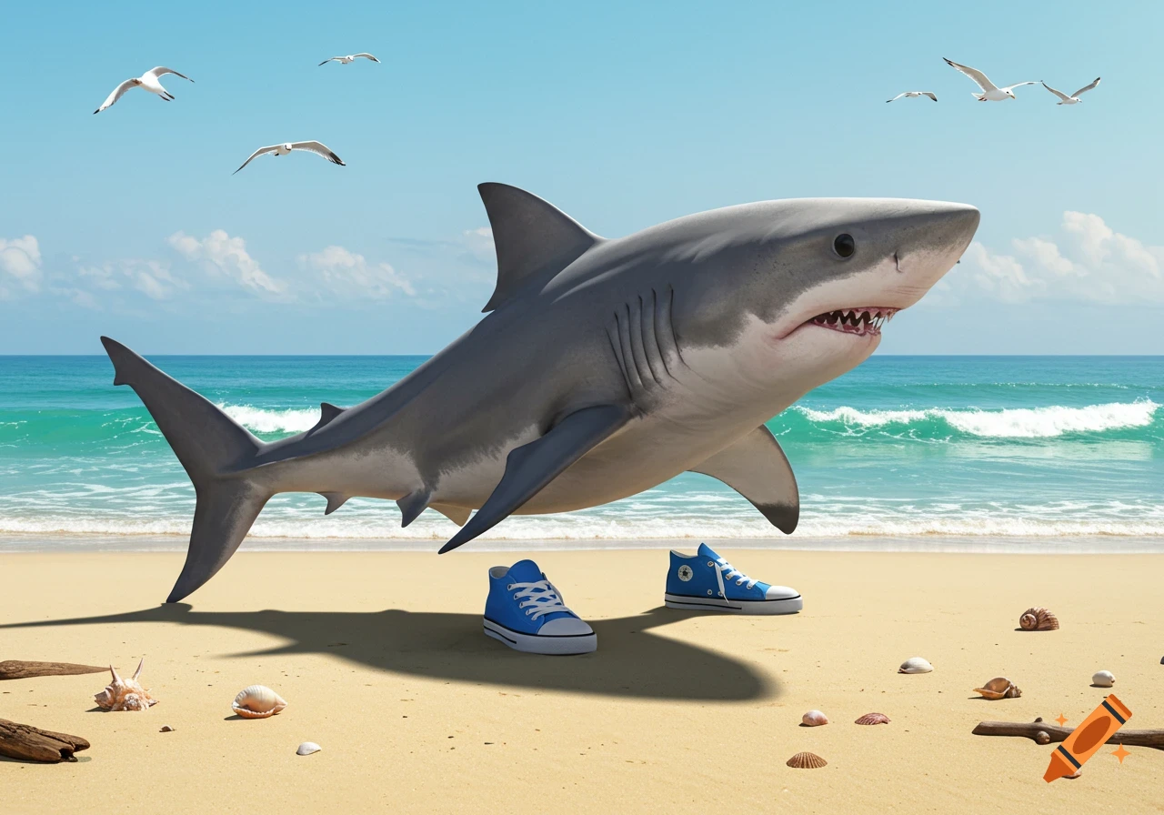 A photorealistic great white shark stands on a sandy beach wearing blue canvas shoes, with the ocean and seagulls in the background.