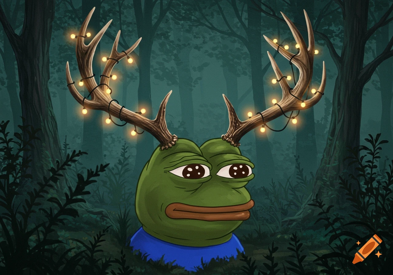 Cartoon Pepe the Frog wearing deer antlers adorned with glowing string lights, standing in a dark, stylized forest.