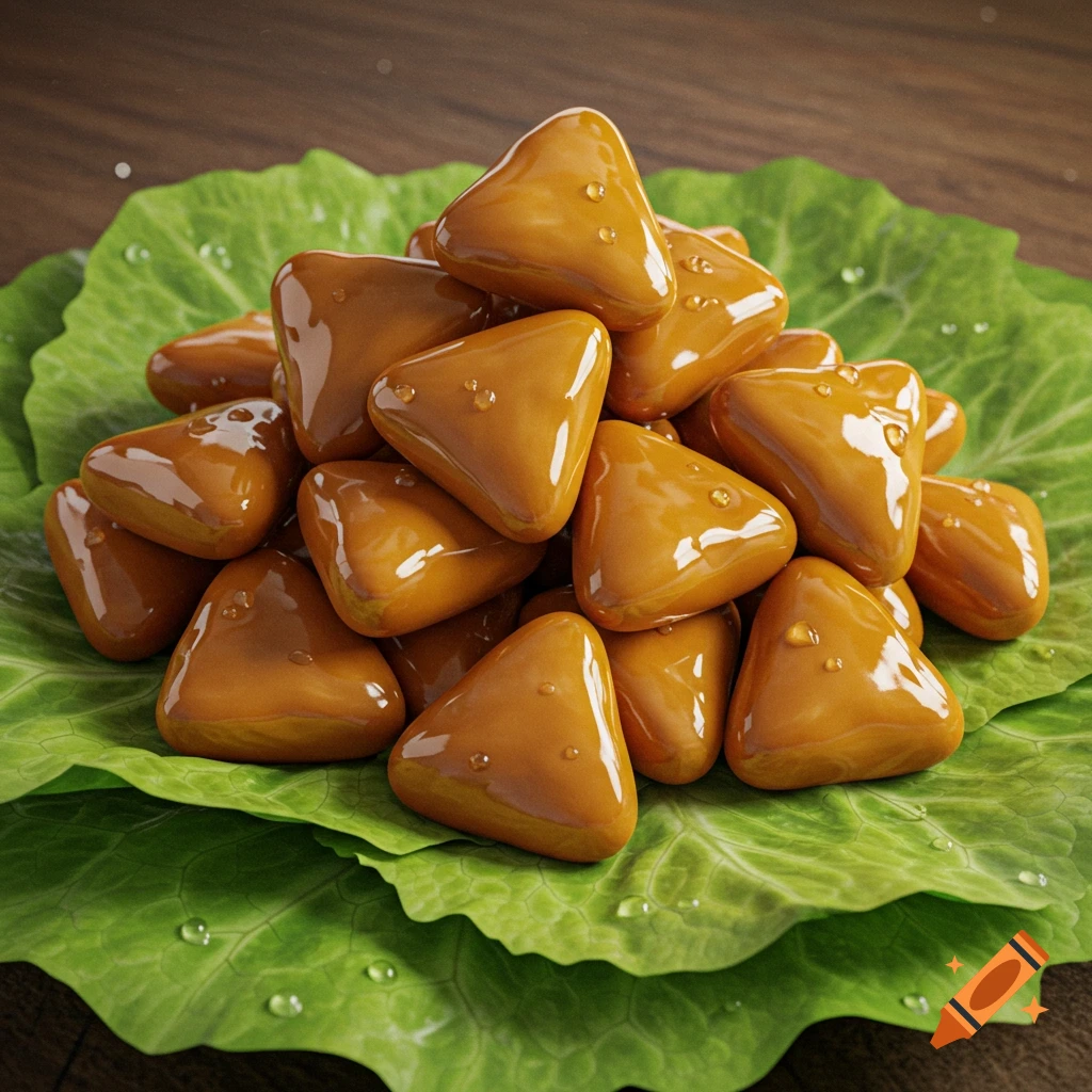 A photorealistic image of a pile of shiny, golden-brown triangular food items with water droplets on green lettuce leaves.