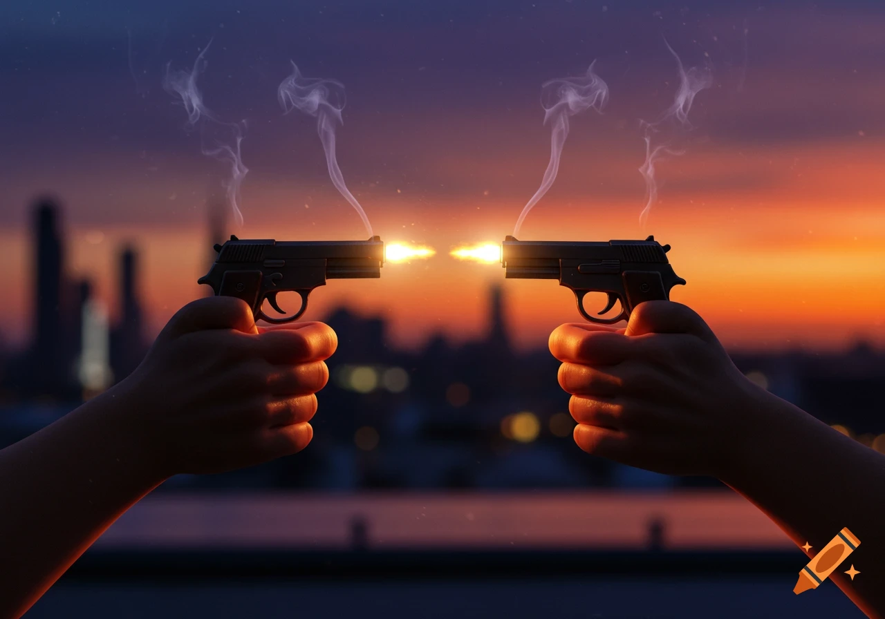 Two hands holding pistols fire at each other, illuminated by muzzle flashes against a dramatic sunset cityscape.