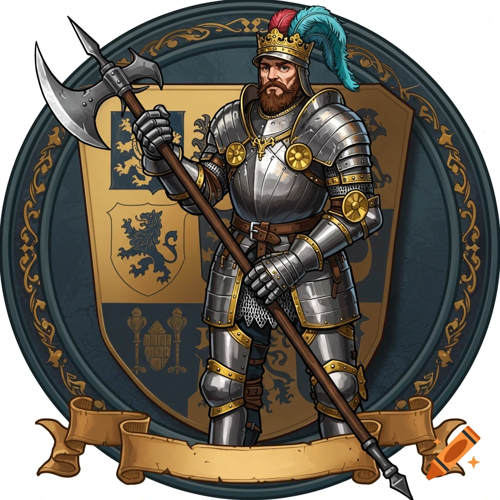 An illustrated medieval margrave in full armor, holding a halberd, standing within a circular emblem with a shield behind him.