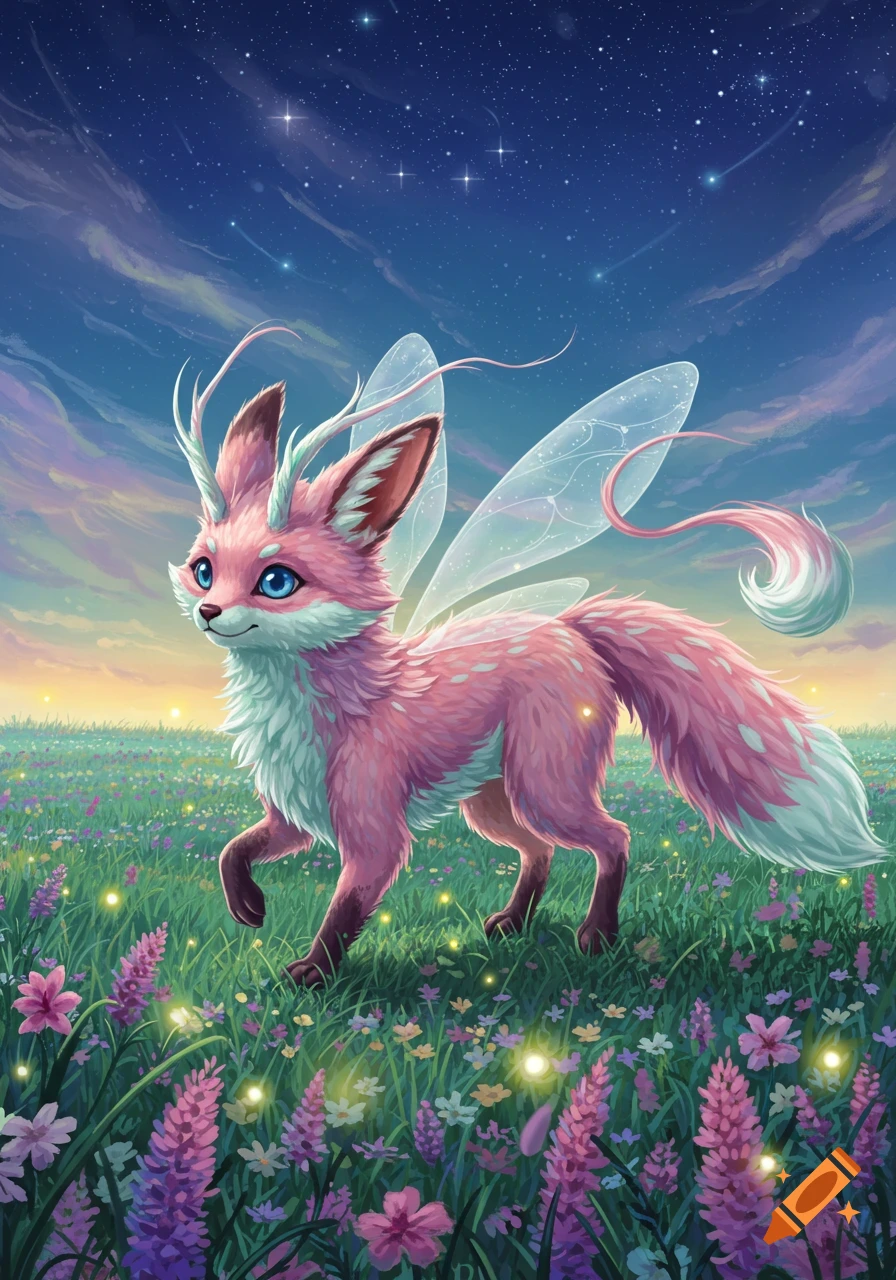 A whimsical pink and white fairy fox with delicate wings walks through a field of glowing flowers under a starry twilight sky.