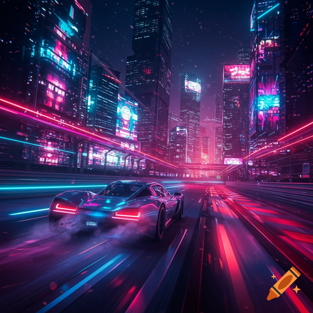 A futuristic race car speeds through a neon-lit cyberpunk city at night with vibrant pink and blue light trails.