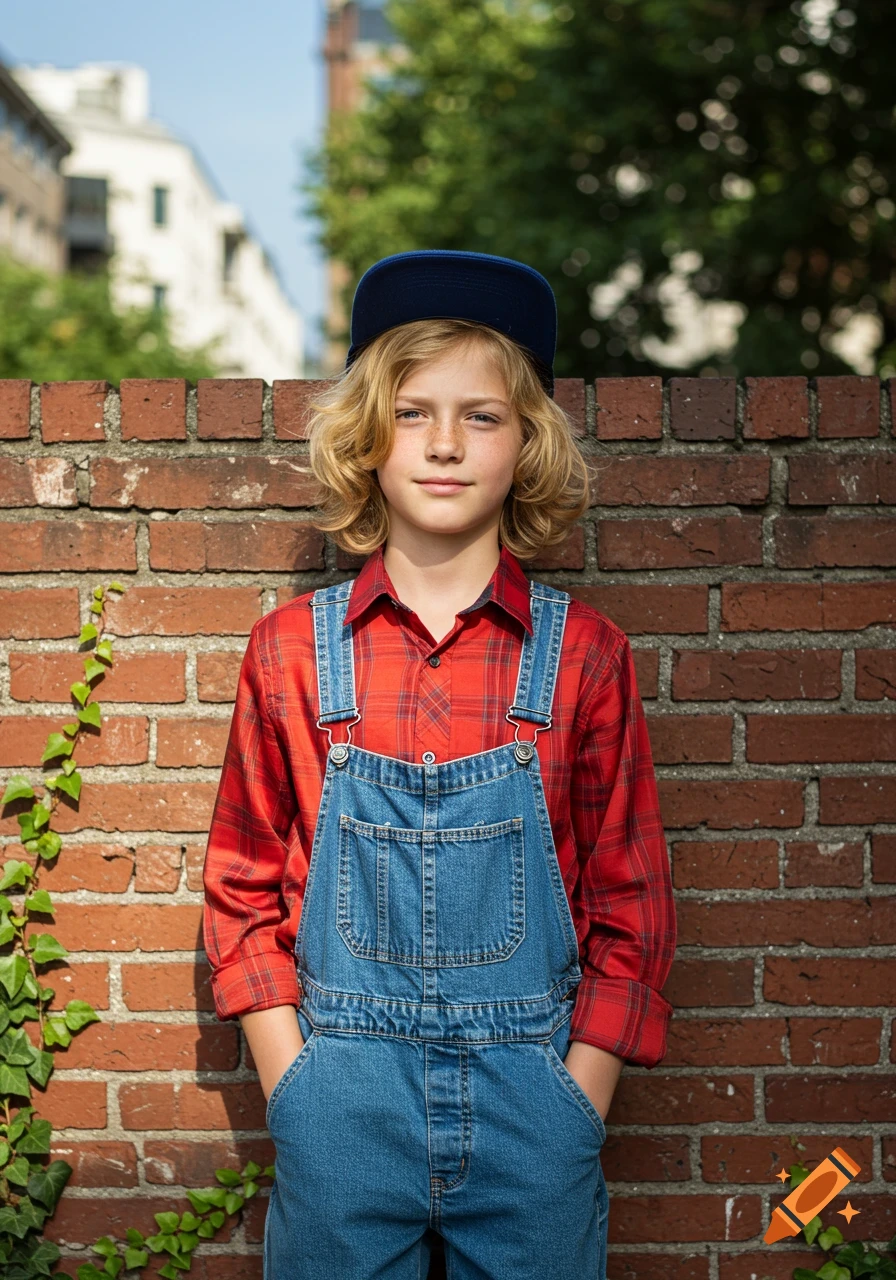 A young boy with blonde hair, wearing a blue cap, red plaid shirt, and denim overalls, stands against a brick wall on a sunny day. Photorealistic.