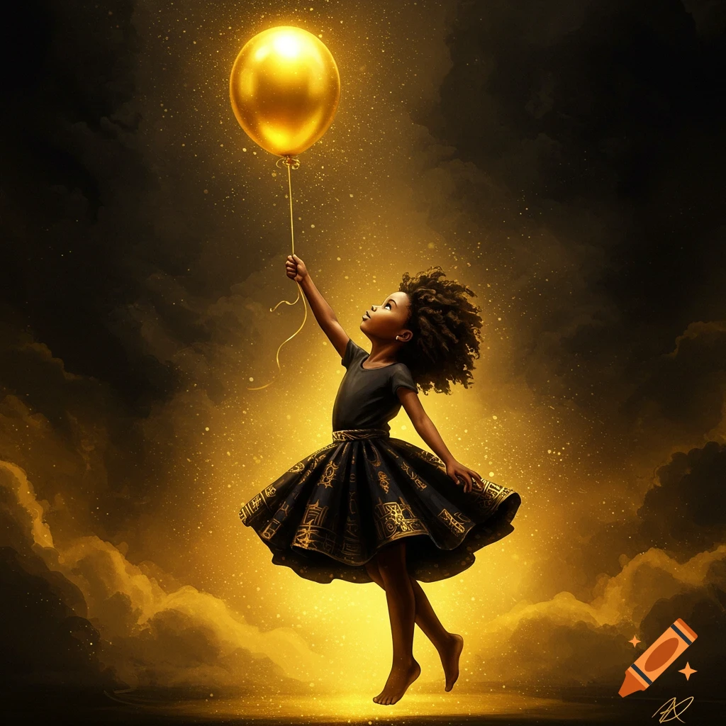 A young black girl in a black and gold dress holds a glowing golden balloon, looking up into a starry, golden-lit sky.