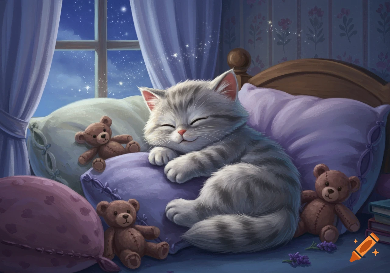 A cute Disney-style grey tabby kitten sleeps peacefully on a purple pillow with teddy bears by a window revealing a starry night.
