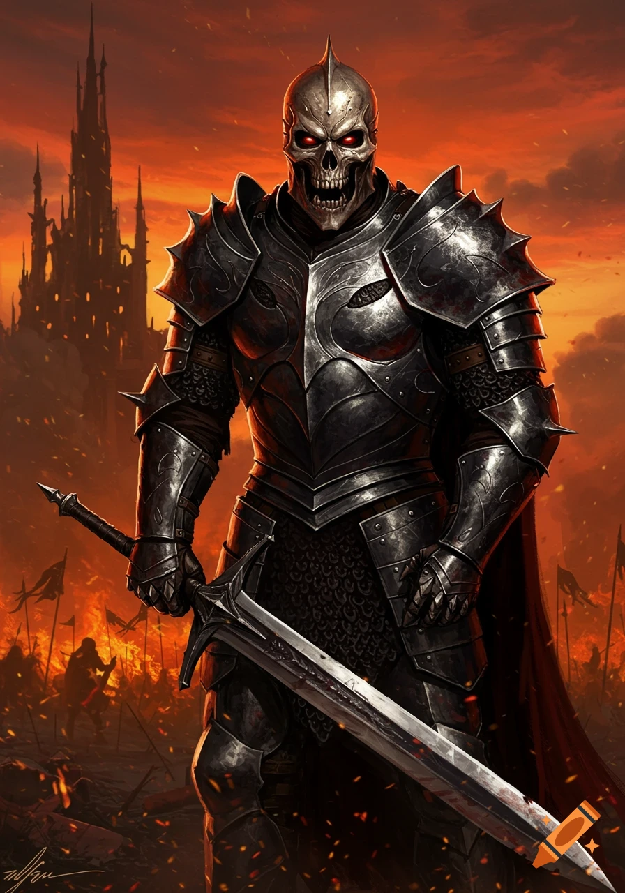 A menacing skeletal warrior in spiked dark armor with glowing red eyes holds a large sword on a fiery battlefield with a dark castle.