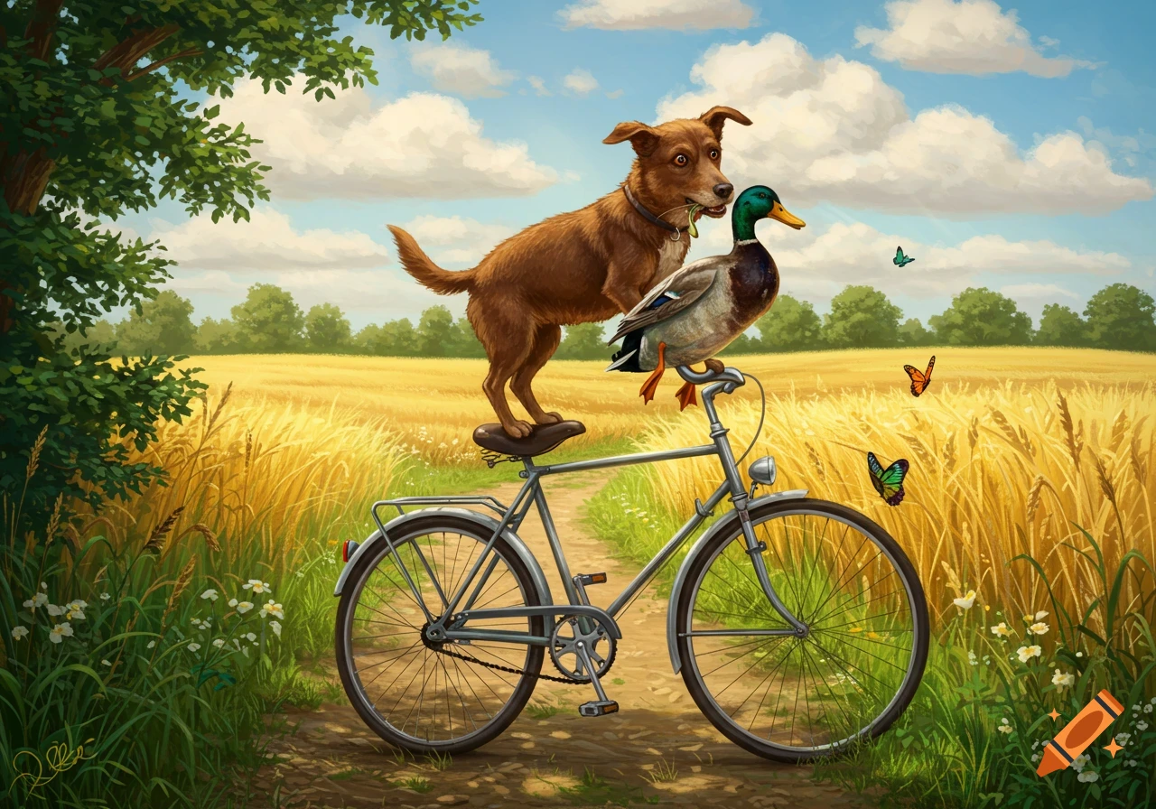 An illustrated scene of a brown dog standing on a bicycle seat with a duck on the handlebars in a golden wheat field.
