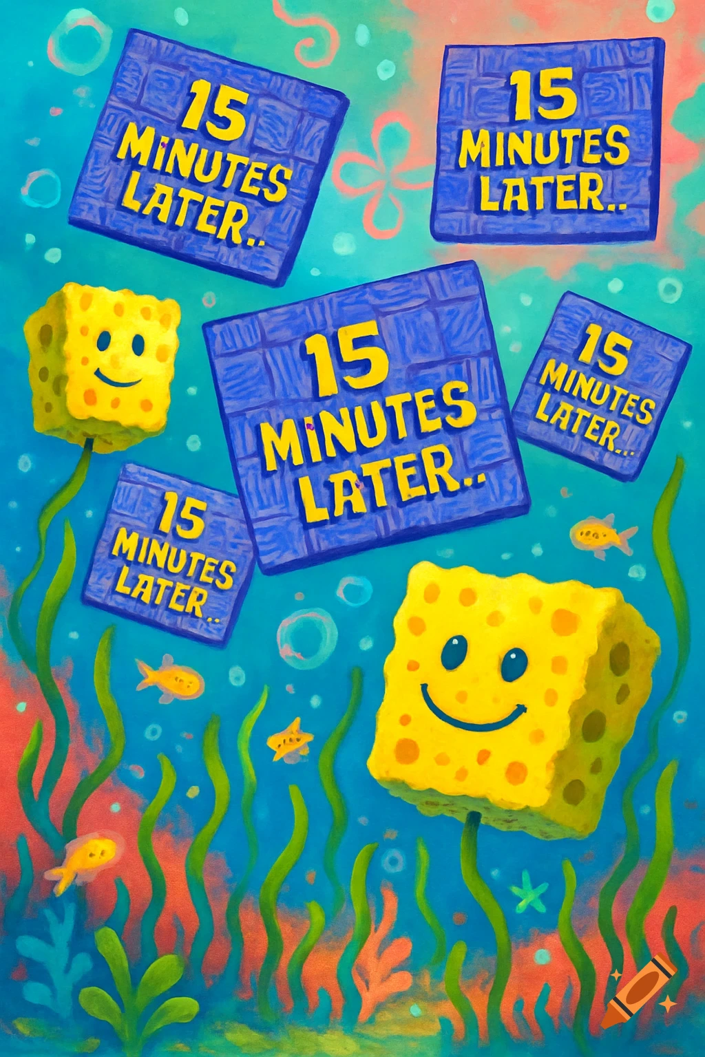 Underwater scene with two smiling, yellow Spongebob-like sponges among green seaweed and small fish. Multiple blue time cards float, each displaying "15 MINUTES LATER.." in yellow text, in a vibrant cartoon style.
