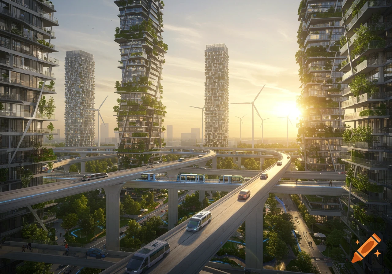 Photorealistic view of a futuristic city with green skyscrapers, elevated highways with cars, and wind turbines under a bright sky.