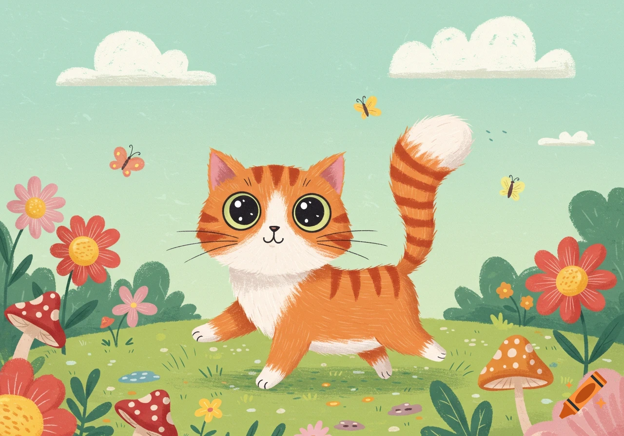 A cute cartoon orange and white cat with big eyes walks in a colorful field with flowers, mushrooms, and butterflies under a light blue sky.
