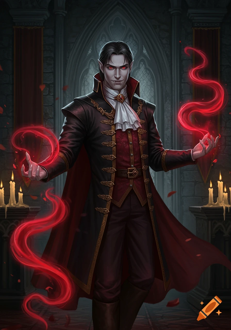 A pale vampire prince with red eyes and fangs, wearing a black and red noble's outfit, manipulates red energy in a Gothic chamber.