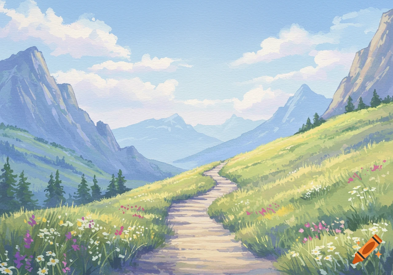 Watercolor painting of a winding path through a grassy, flower-filled mountain slope under a blue sky.