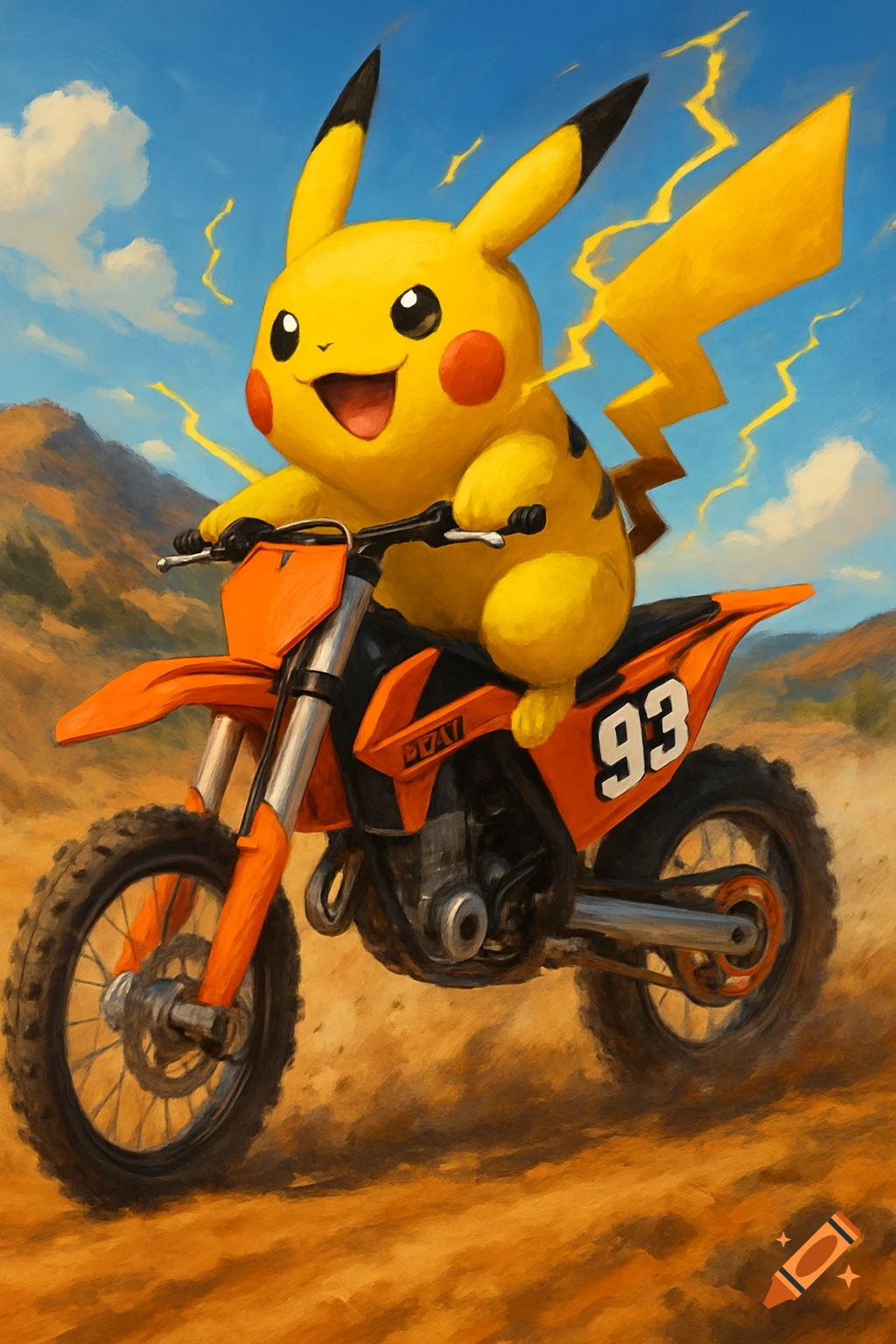 Pikachu joyfully rides an orange dirtbike with the number 93 in a desert landscape under a blue sky, in a painterly style.
