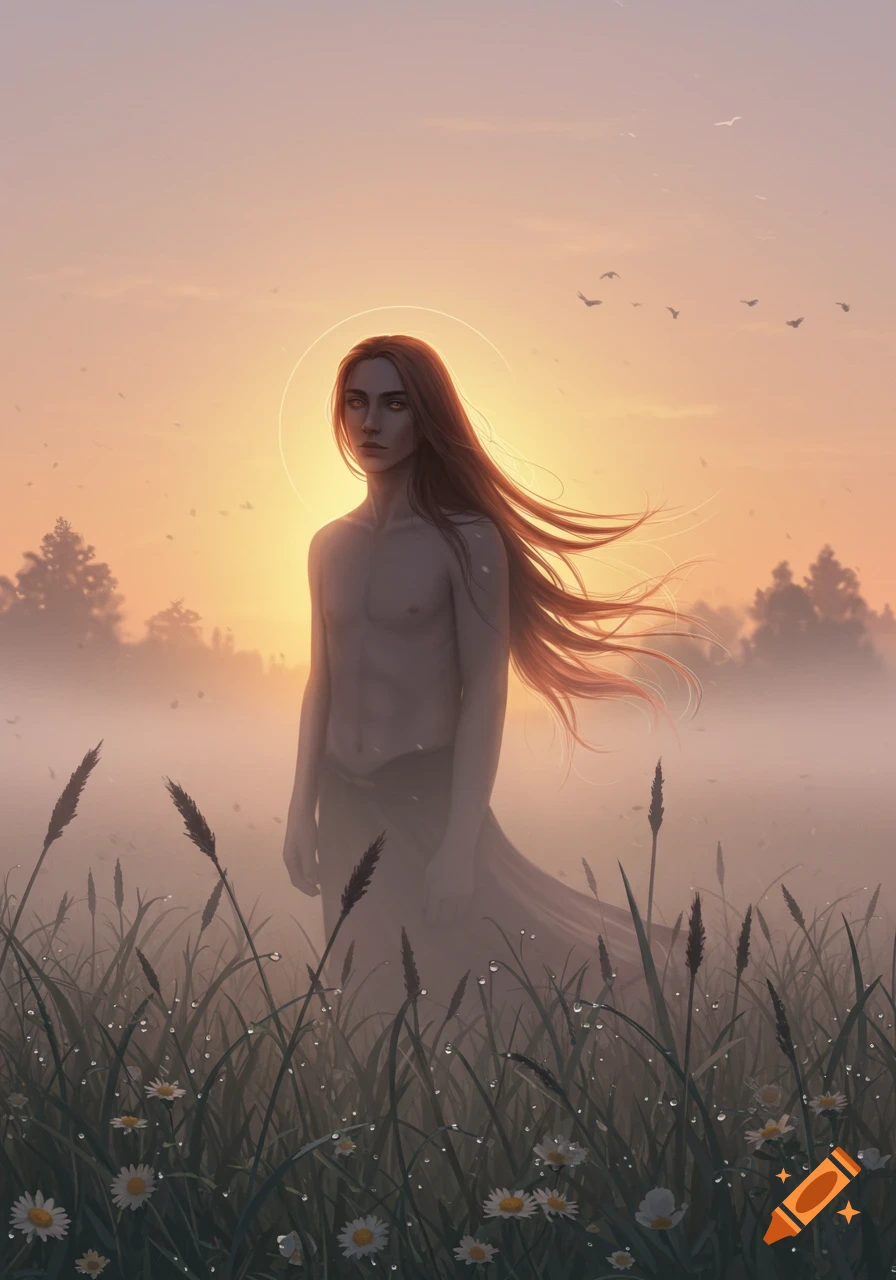Ethereal male figure with long red hair and a halo stands in a misty field of daisies at sunrise.