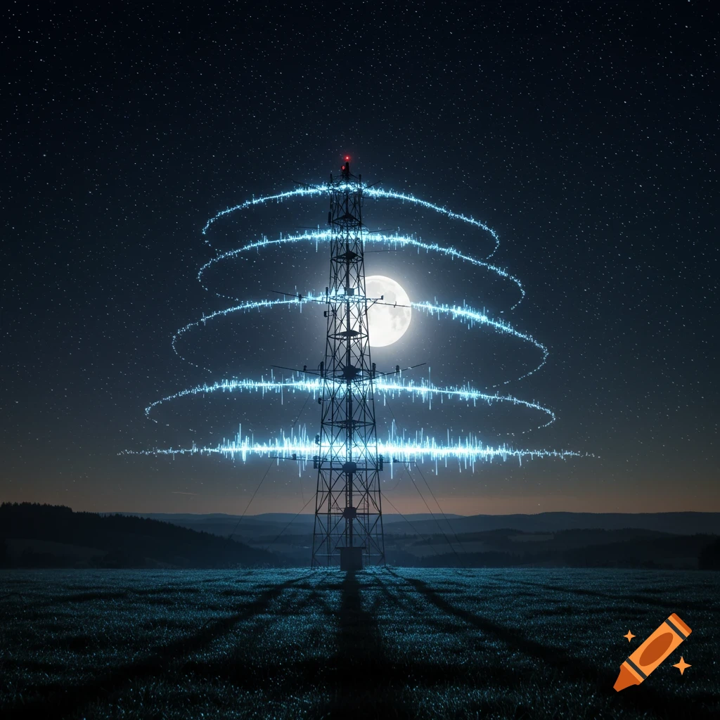A tall radio antenna under a starry night sky, with a full moon behind it and glowing blue waveform patterns radiating outwards.