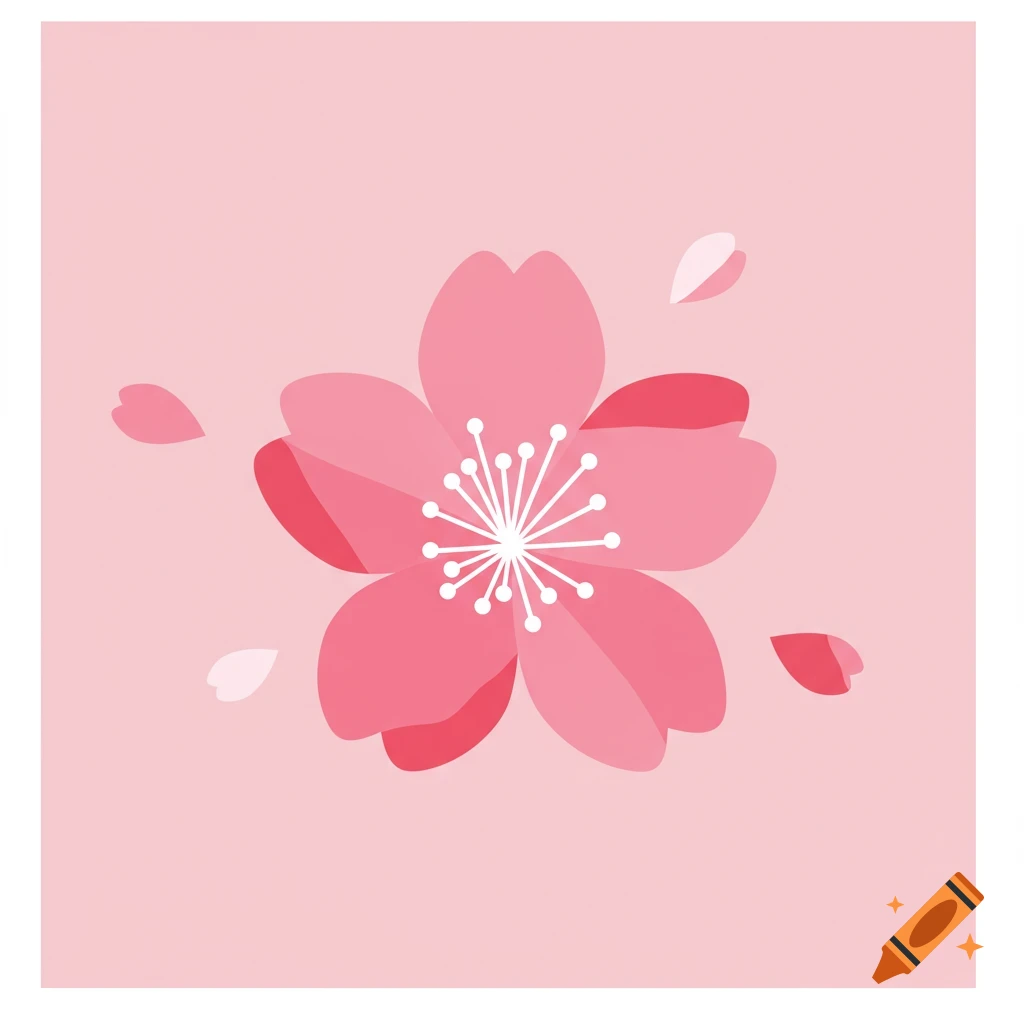 Minimalist pink cherry blossom illustration on a light pink background with scattered petals.