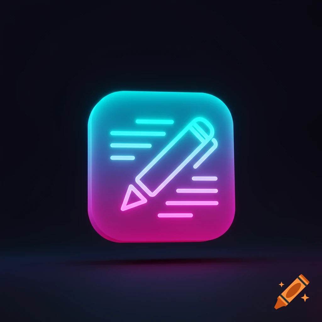 A 3D rendered neon app icon featuring a pen and horizontal lines in vibrant cyan and magenta on a dark background.