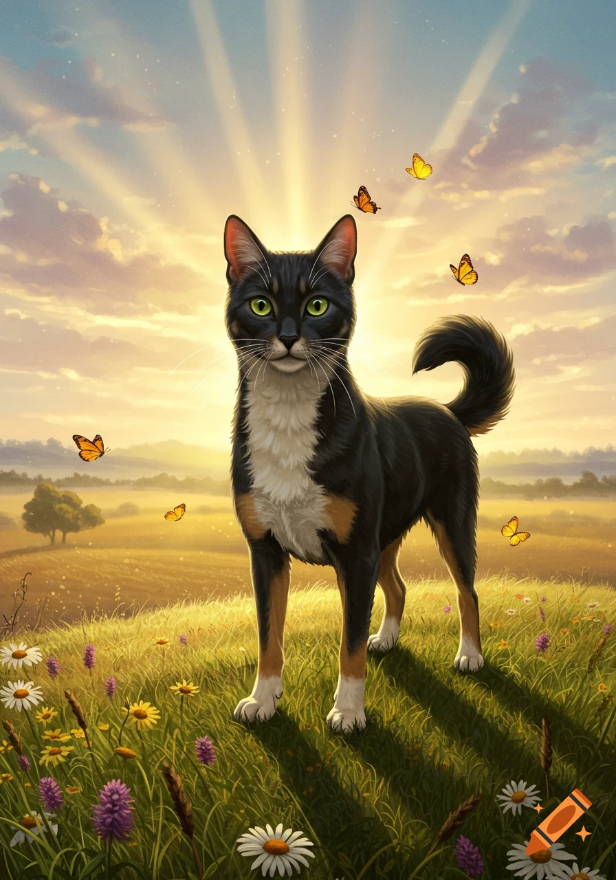 A black, white, and brown cat-dog hybrid with green eyes stands in a sunny, flower-filled field with butterflies.