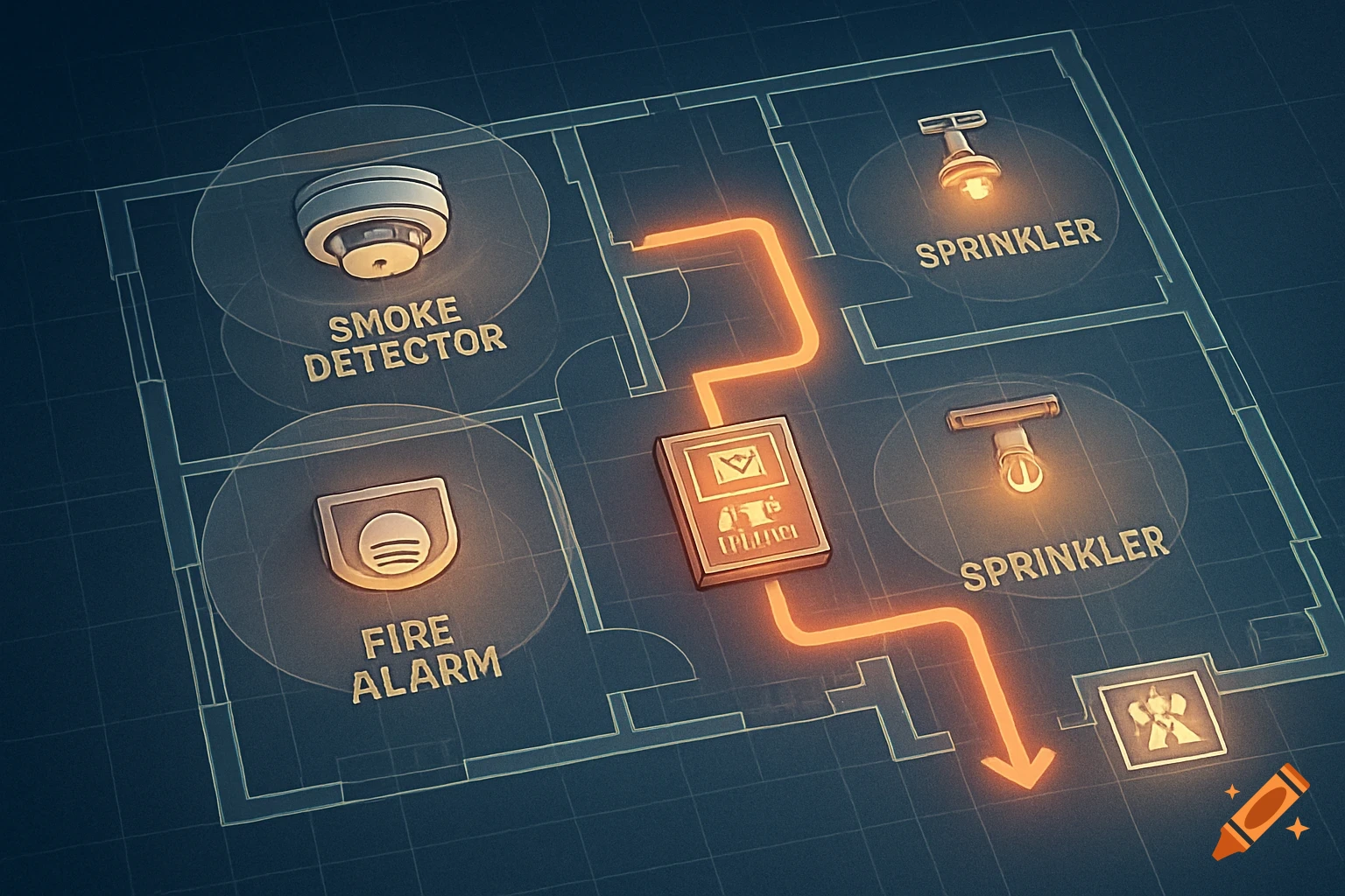 A glowing technical diagram of a building floor plan with fire safety equipment including a smoke detector, fire alarm, and two sprinklers, connected by an orange line to a central control panel.