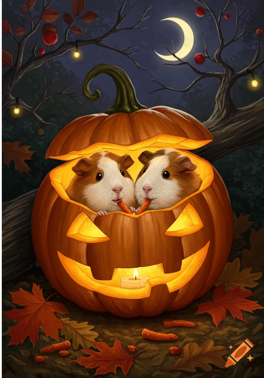Two cute guinea pigs peek out from a glowing jack-o'-lantern, eating carrots in a moonlit autumn forest scene with falling leaves.