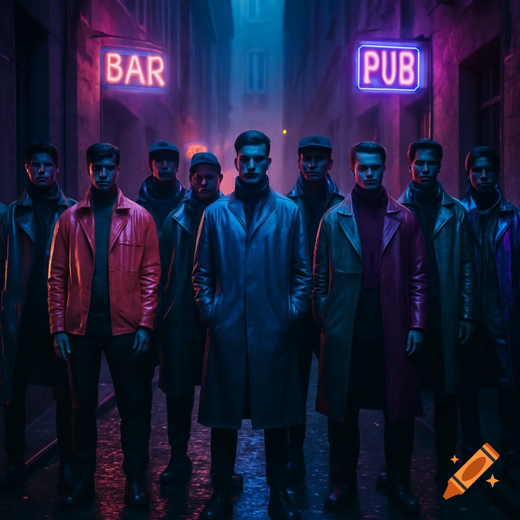 Group of stylish men in coats standing in a dark, rainy cyberpunk alley with neon 'BAR' and 'PUB' signs.
