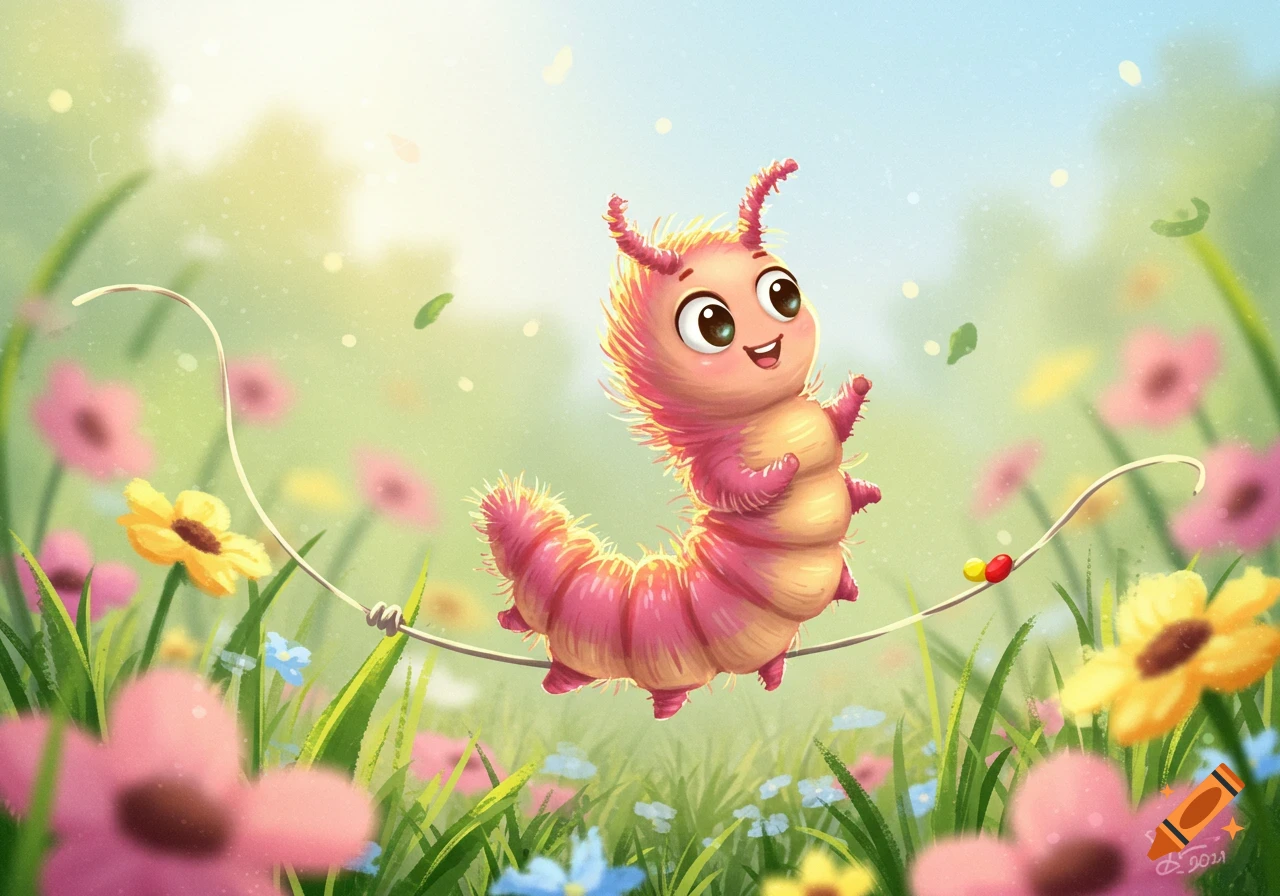 A whimsical illustration of a cute, pink, fluffy caterpillar balancing on a string-like vine in a sunny field of colorful flowers.