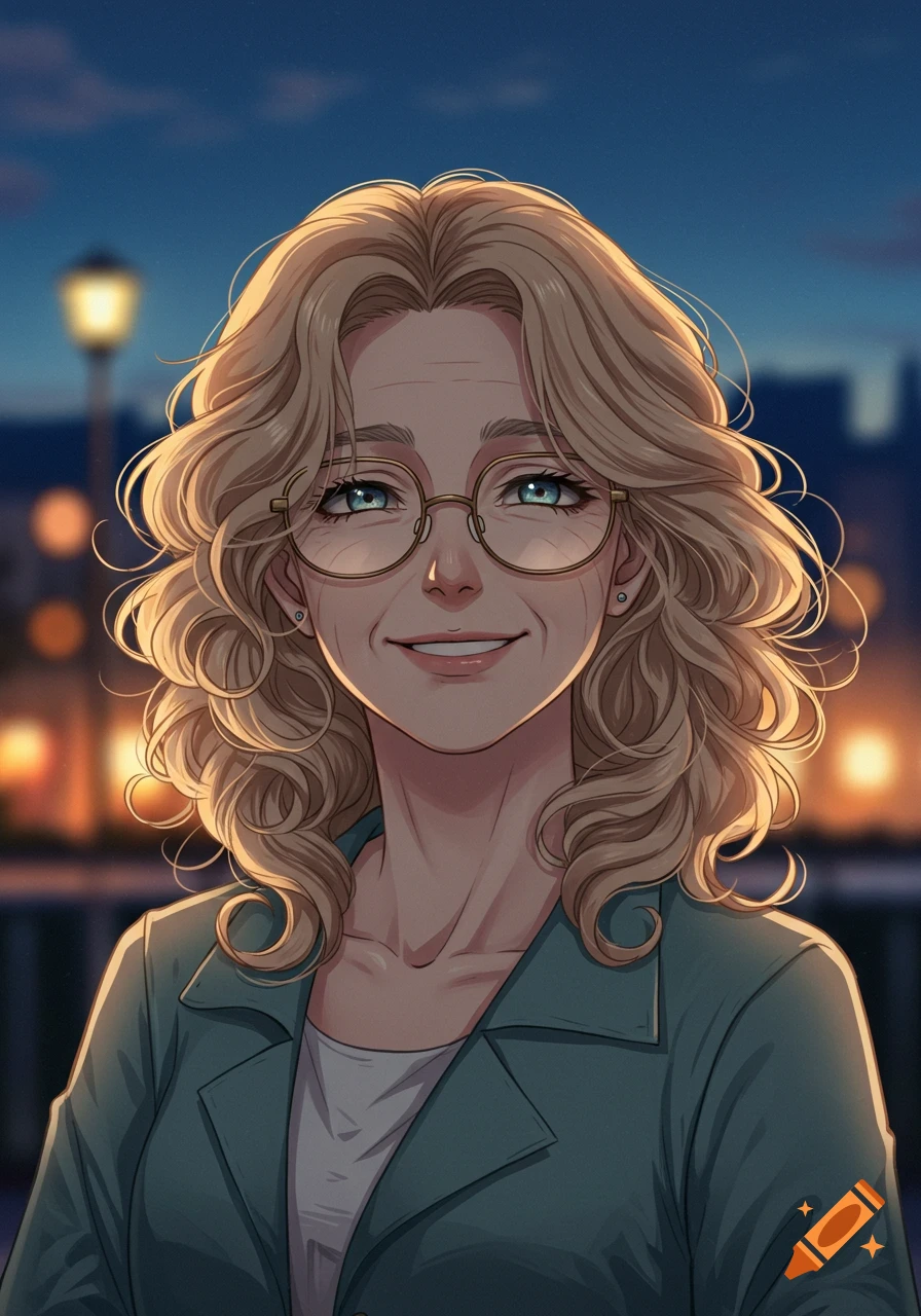 Anime-style portrait of a smiling middle-aged woman with blond curly hair and glasses, against an evening city backdrop.