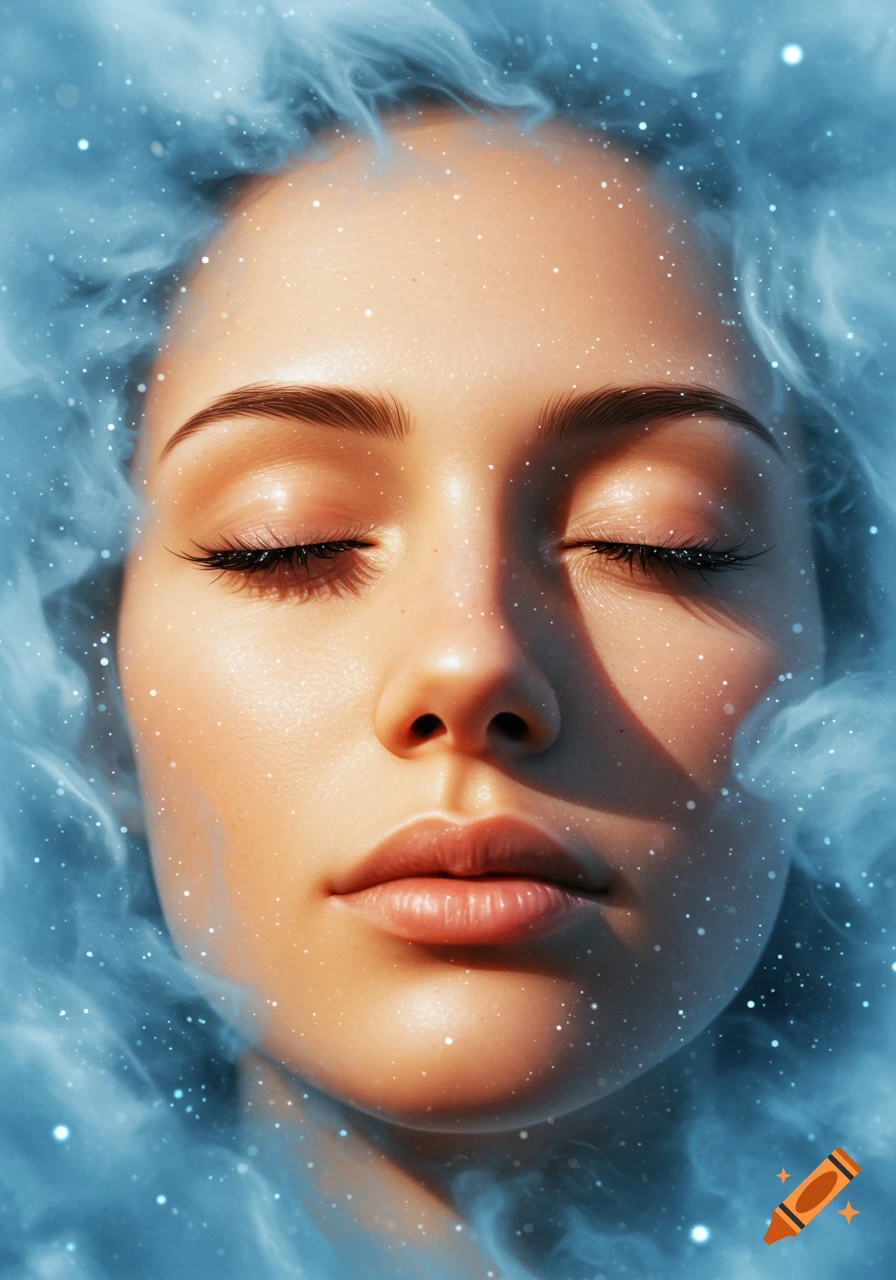 Close-up of a woman's serene face with closed eyes, submerged in glowing blue mist with sparkling particles.