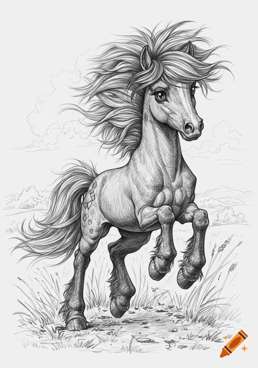 Pencil drawing of a stylized pony with a wild mane running through a grassy field under a cloudy sky.